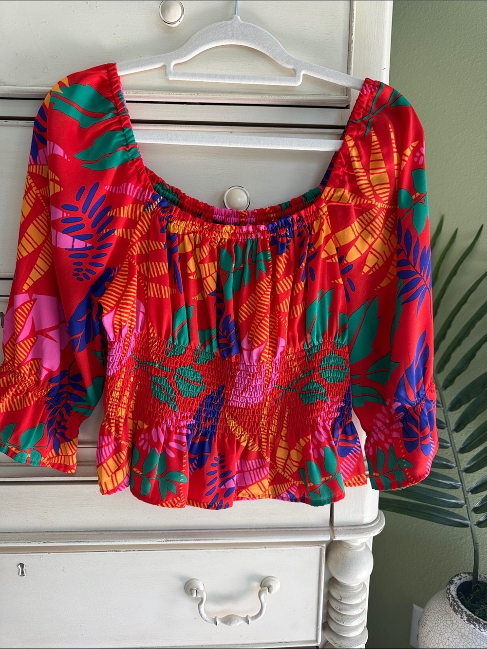 Skies are Blue, smocked waist, square neck top size M
